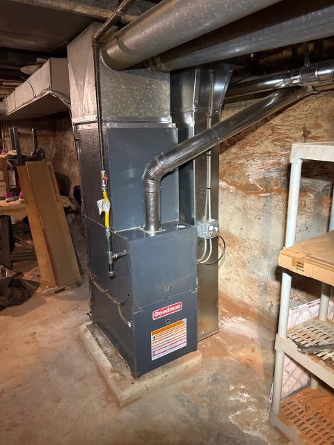 We installed a top-tier goodman hvac system, featuring a new furnace, condenser, coil, honeywell thermostat, and merv 8 filter rack, ensuring peak season readiness and comfort.