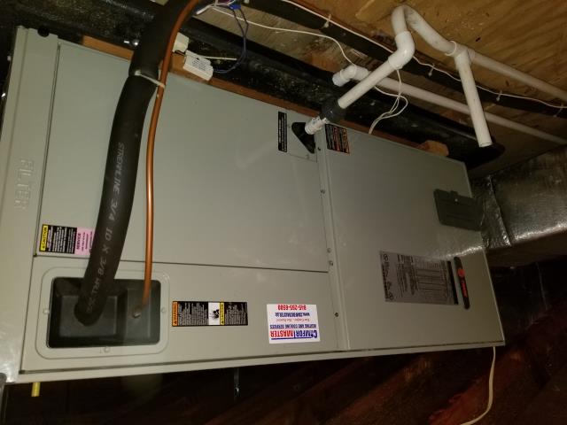 Trane Air Conditioner noisy and outdoor fan not turning. Found defective capacitor and replaced. Checked over entire system once part was replaced. Replaced air filter, blew out drain trap and line, and tested overflow switch.