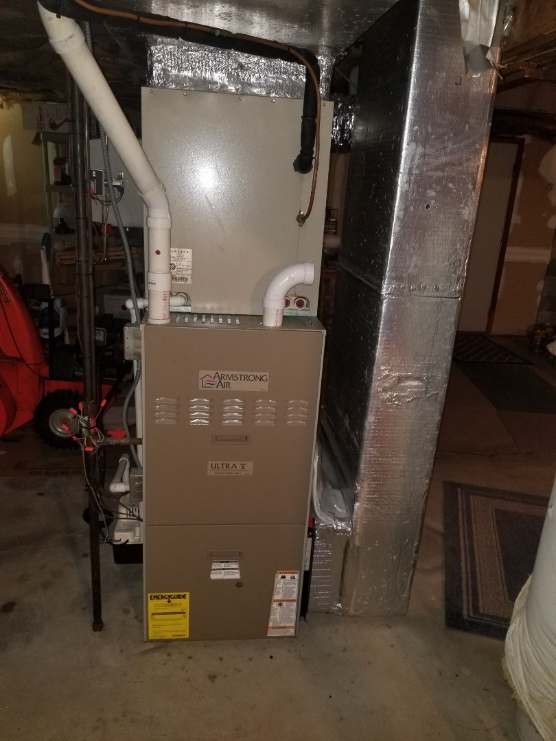 Armstrong Gas Furnace with AC r22 compressor circuit. Performed tuneup and inspection. Heat exchanger rusting but not compromised. Average lifespan of this system is approximately 15 yrs. 