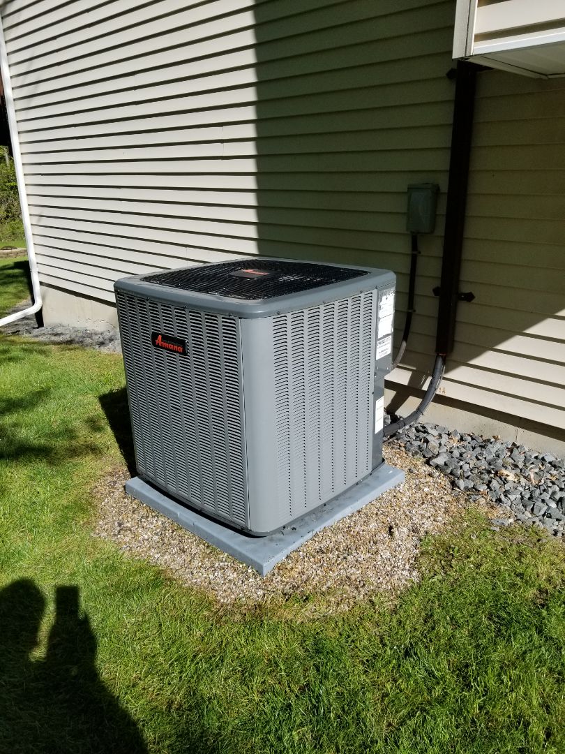 Amana Condenser and air handler in attic. Performed annual maintenance tune up. Checked freon, replaced filter rinsed coils and flushed drain pan, trap, and line. 