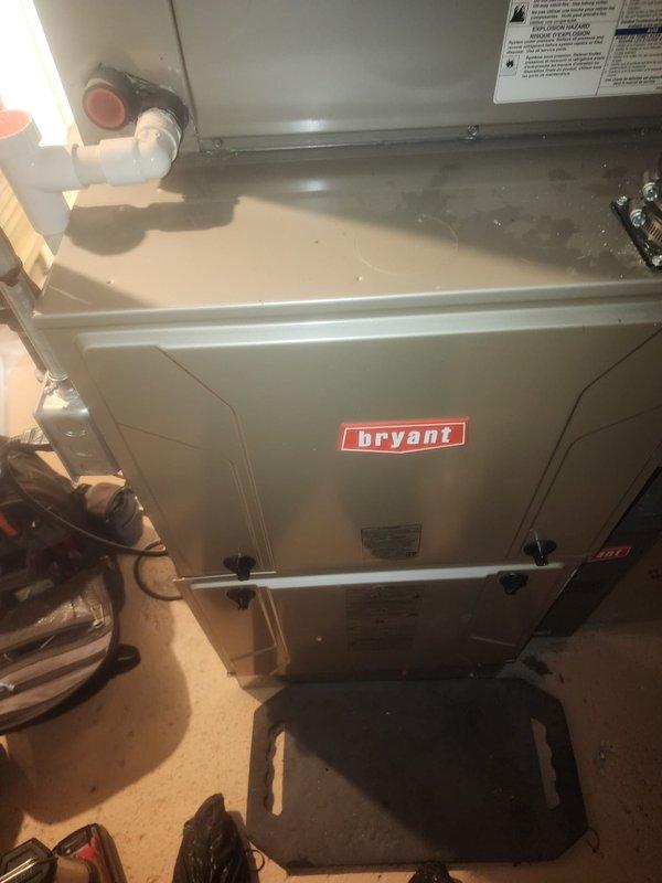 Diagnosed and repaired Bryant furnace with inoperative heating function. Found faulty control board causing system failure, replaced circuit board and tested all connections. System now functioning properly with normal heat output and cycle operation.