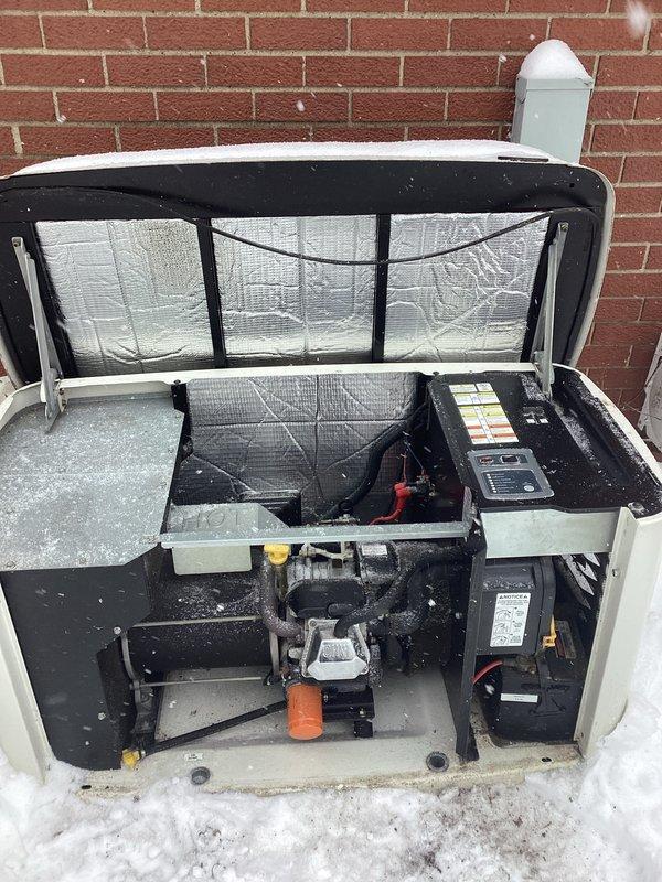 Performed scheduled generator maintenance service. Accessed internal components and control systems for inspection. Replaced worn connector fittings and valve components to ensure proper operation during cold weather conditions.