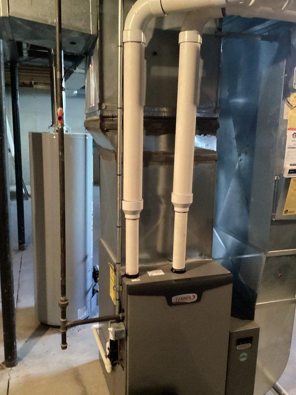 Conducted inspection of Lennox furnace system with connected PVC ventilation pipes in basement. Diagnosed faulty pressure switches requiring replacement. Customer was informed of repair requirements, with service window scheduled between 12-1pm as requested.