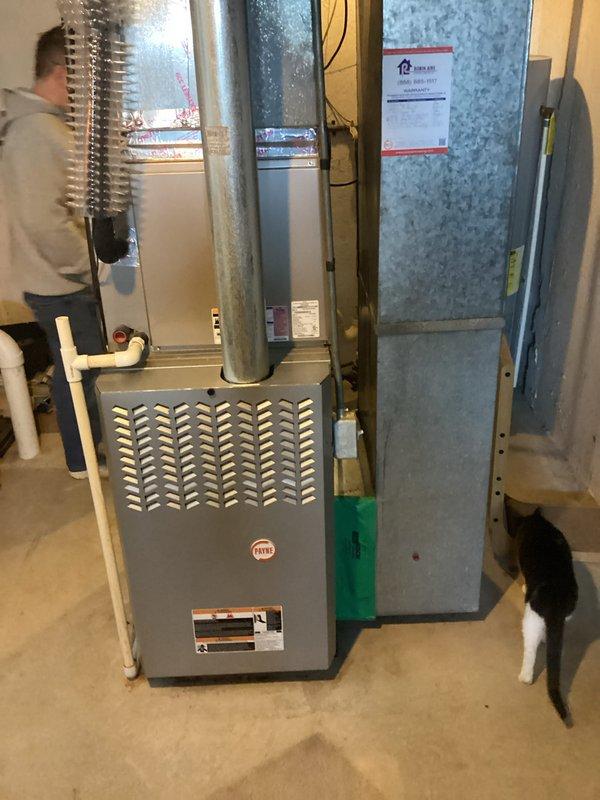 Completed evaluation of existing HVAC system for full system replacement quote (CQ Quote: 03689-04 and 03689-02). Inspected current furnace installation, associated ductwork, electrical connections, condensate lines, and ventilation components in basement utility area. System replacement estimate prepared based on observed configuration and space requirements.