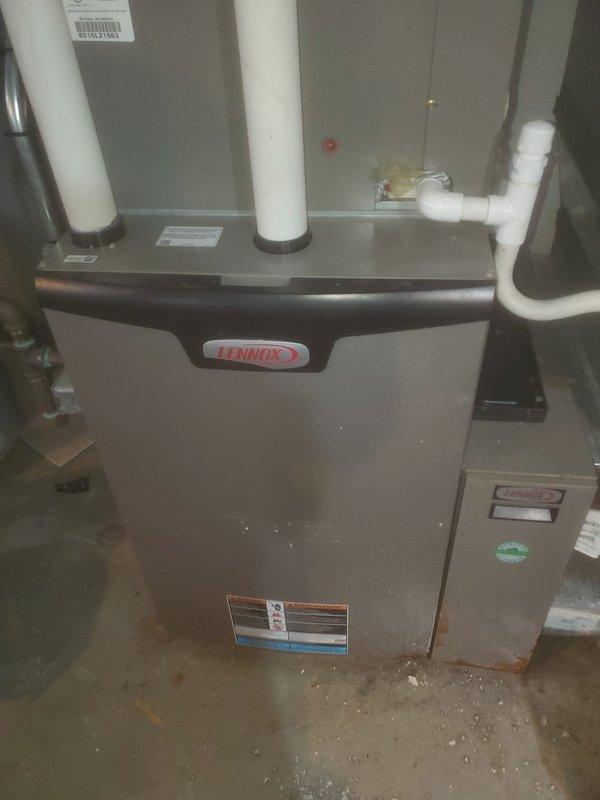 Performed scheduled furnace maintenance on Lennox HVAC system. Discovered heavily soiled air filter with significant dust accumulation and replaced it. System was cleaned and tested for proper operation; all components now functioning correctly.