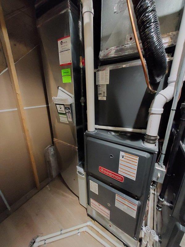 Completed heating maintenance service on two Goodman furnace systems as per Worry Free Service Agreement. Performed standard preventive maintenance procedures on both units. Systems were properly installed with appropriate PVC ventilation and condensate drainage, and all ductwork connections were verified to be in good working order.