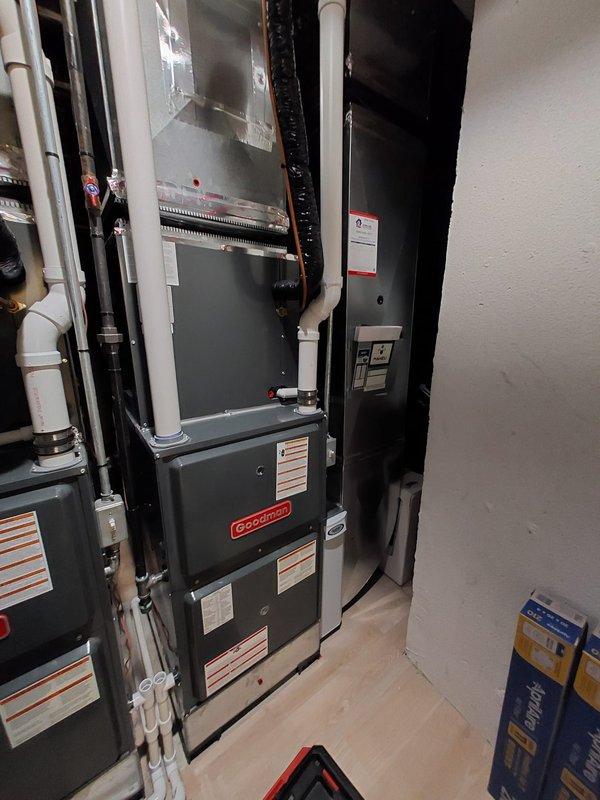 Completed heating maintenance service on two Goodman furnace systems as per Worry Free Service Agreement. Performed standard preventive maintenance procedures on both units. Systems were properly installed with appropriate PVC ventilation and condensate drainage, and all ductwork connections were verified to be in good working order.