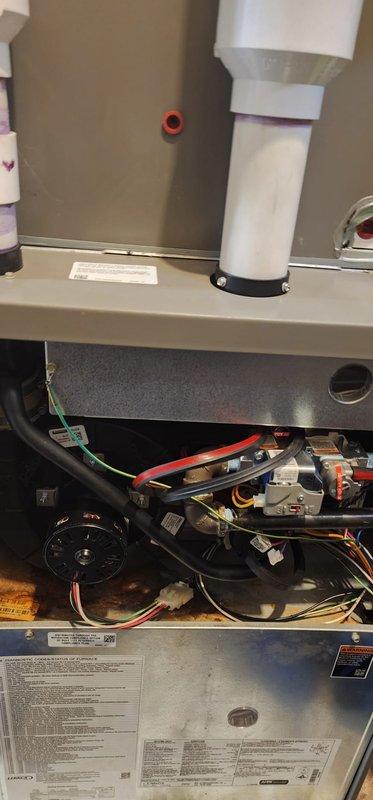 Completed FRN maintenance 1-3 on furnace system. Inspected internal components including control board, wiring connections, and motor assembly. Examined PVC venting system and verified proper installation of condensate drain lines. All components functioning within normal parameters.