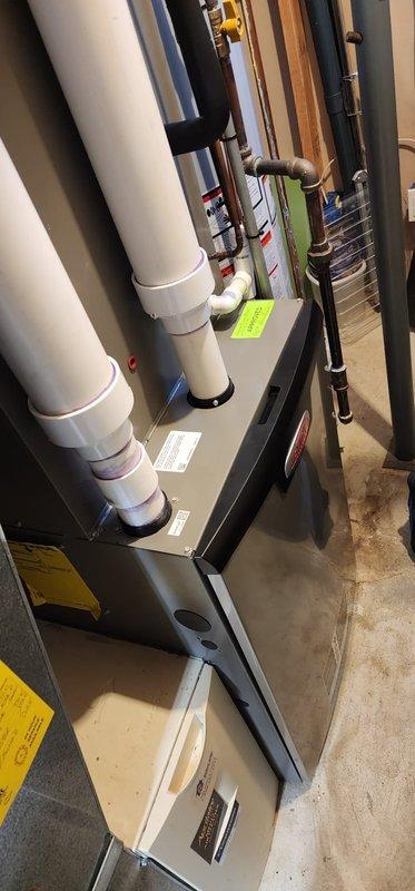 Completed FRN maintenance 1-3 on furnace system. Inspected internal components including control board, wiring connections, and motor assembly. Examined PVC venting system and verified proper installation of condensate drain lines. All components functioning within normal parameters.