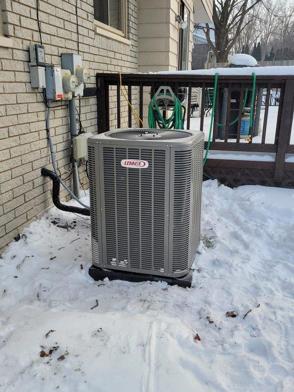 Successfully installed a new complete HVAC system including a Lennox furnace, air conditioning unit, humidifier, and T6 thermostat. The outdoor AC unit was properly mounted on a concrete pad with all necessary electrical connections and refrigerant lines installed. Customer selected Michigan Saves financing option with all required documentation submitted.