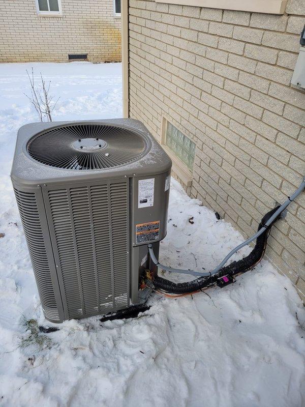 Successfully installed a new complete HVAC system including a Lennox furnace, air conditioning unit, humidifier, and T6 thermostat. The outdoor AC unit was properly mounted on a concrete pad with all necessary electrical connections and refrigerant lines installed. Customer selected Michigan Saves financing option with all required documentation submitted.