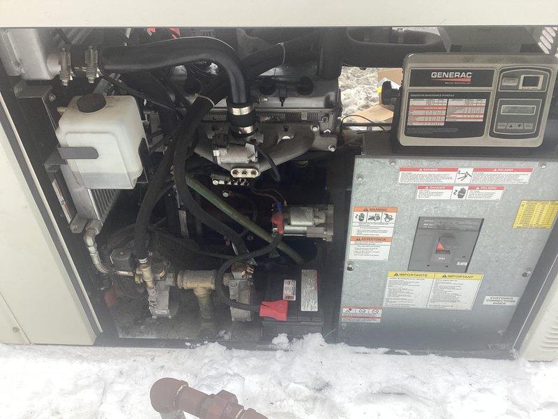 Performed scheduled maintenance on Generac 60kW generator including replacement of air filter and four spark plugs. Inspected internal components, control panel, and electrical connections to ensure proper operation. Generator was tested and returned to service in good working condition.