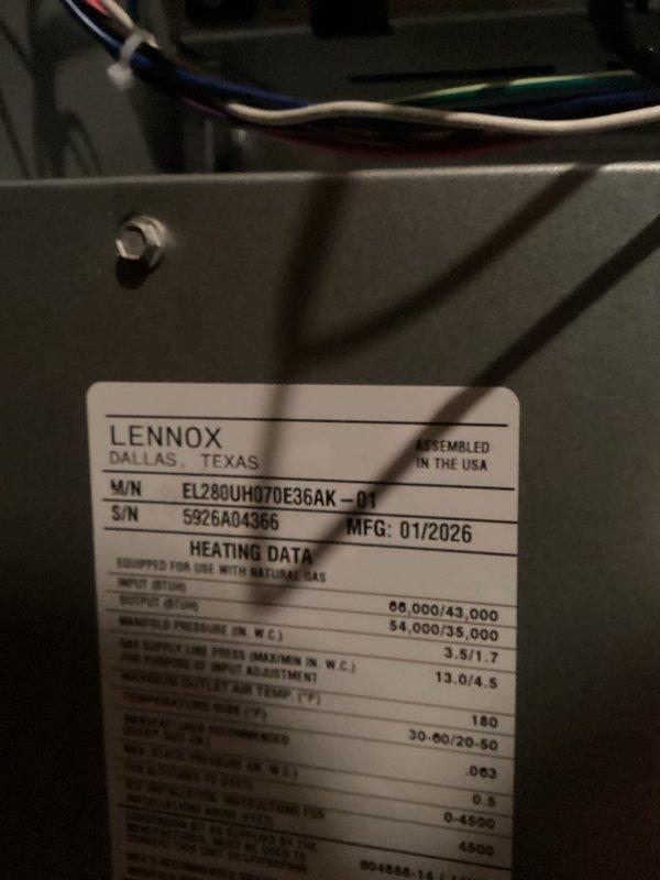 Successfully installed a Lennox EL280UH070E36AK-01 furnace (SN: 5226A04366) according to manufacturer specifications. Completed all necessary connections including electrical wiring, gas line, and proper ventilation. System was tested for proper operation and all safety checks were performed to ensure optimal performance.