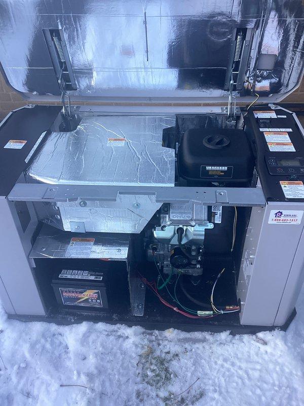 Performed scheduled generator maintenance service including inspection of electrical terminals and connections. Checked Vanguard engine components, battery connections, and control panel functionality. Completed full system diagnostic to ensure proper operation of the generator unit.