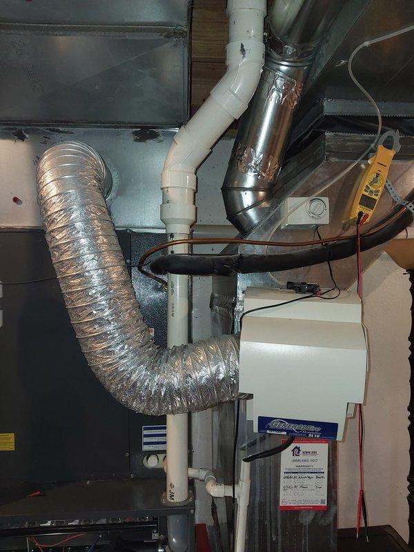 Completed routine maintenance on the HVAC system per scheduled Prepaid Visit between 10-12PM. Inspected all components including the flexible metal ductwork, PVC condensate lines, and humidifier unit. Documented system condition with photos for customer records.