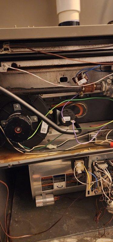 Performed scheduled maintenance on Goodman furnace model ML1550H135XP600-03. Inspected interior components including blower assembly, control panel, and wiring. Noted normal wear with minor oxidation on metal surfaces but no operational issues requiring immediate attention.