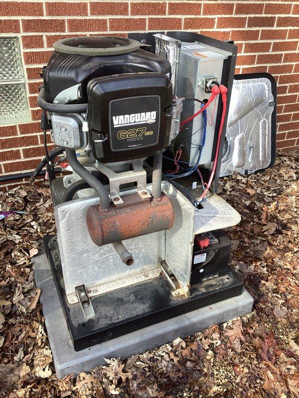 Performed scheduled generator maintenance on Vanguard 627cc unit. Removed and inspected fuel nozzles which showed spiral pattern wear. Cleared accumulated debris from around generator base to ensure proper ventilation and prevent potential fire hazards.