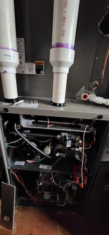 Performed scheduled maintenance on Lennox furnace system per Worry Free Service Agreement. Inspected interior components including circuit boards, wiring harnesses, and electrical connections to confirm normal operating condition. Examined PVC ventilation piping and condensate drain line; all connections secure with proper primer application at joints.