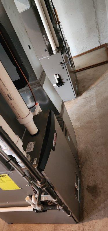 Completed semi-annual maintenance service on two-system FRN unit. Performed comprehensive inspection with access panels removed to examine internal components including wiring harnesses, electrical control modules, and fan assembly. All mechanical components and PVC ventilation piping were found to be in normal working condition with no signs of deterioration or damage requiring repair.