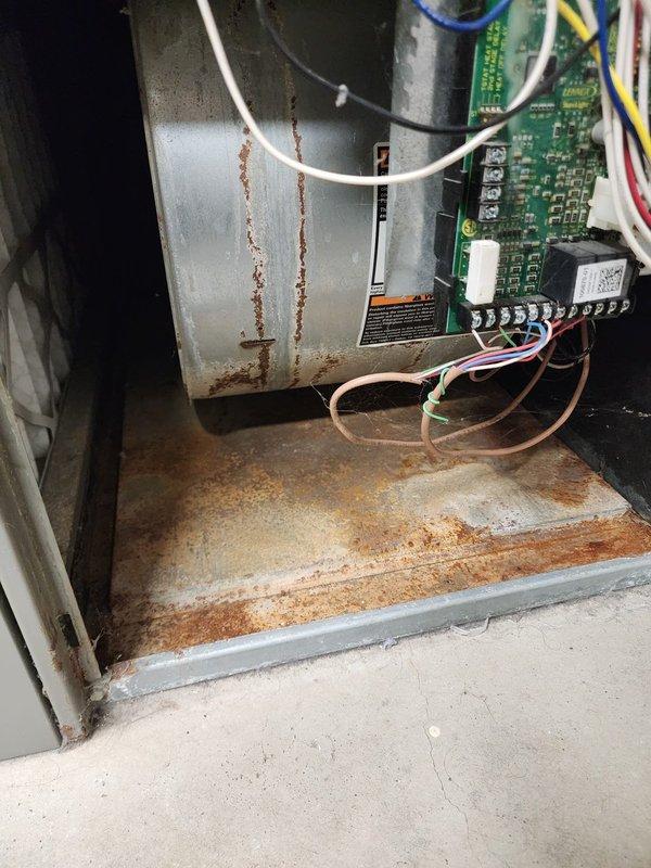 Performed scheduled FRN maintenance on Lennox furnace system. Upon inspection, identified significant rust and corrosion on the lower cabinet panel beneath the control board with multiple wire connections. Documented condition with photos while completing standard heating system maintenance procedures.
