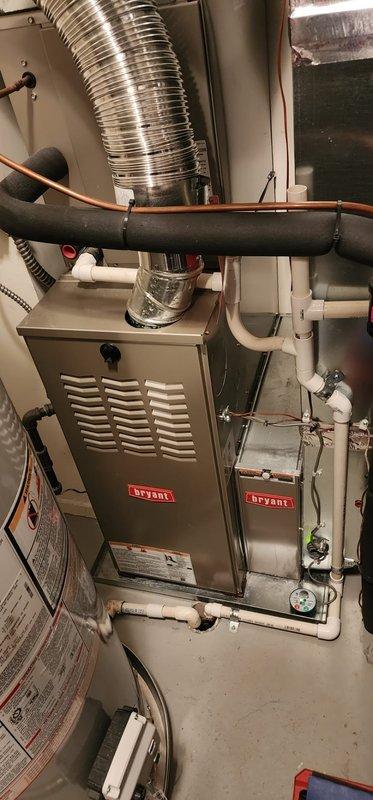 Performed comprehensive maintenance on Bryant furnace under Worry Free Service Agreement. Inspected all internal components including blower assembly, electrical connections, and PVC venting system. Unit is operating normally with no issues identified during the FRN maintenance service.