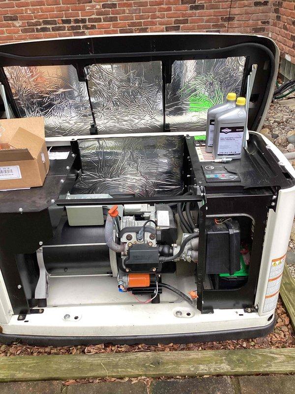 Performed scheduled maintenance service on a 10kW Generac standby generator. Conducted operational test of control panel functions and verified proper system status indicators. Completed full internal inspection with housing panel removed, checked fluid levels, and confirmed all electrical connections were secure.