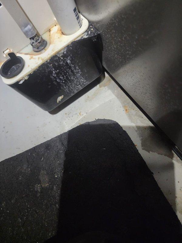 Performed scheduled Furnace Maintenance under Worry Free Service Agreement. Inspected condensate drain system, identifying mineral buildup and water staining around the drain assembly. Documented corrosion at pipe connections with visible yellowish-brown staining that requires monitoring on next service visit.