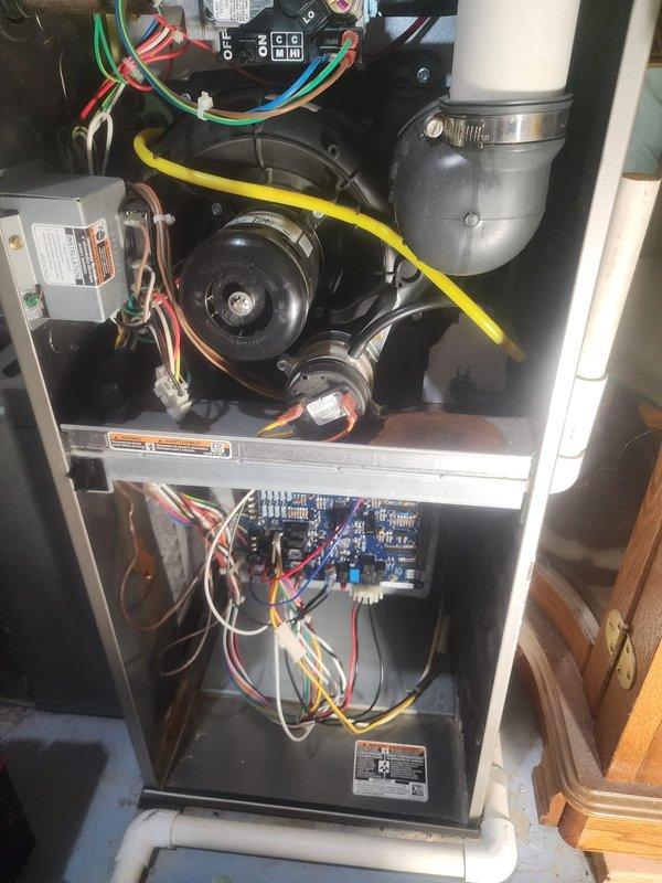 Performed scheduled tune-up maintenance on Bryant furnace system. Inspected blower motor assembly, electrical connections, drain lines, and circuit board components - all found in proper working condition. System functioning correctly with no issues identified during comprehensive heating system evaluation.