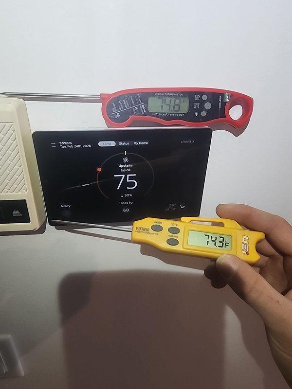 Responded to callback for 413 outdoor unit pressure switch lockout. Installed manufacturer recall parts on two identical Lennox HVAC systems. Verified proper operation of S40 thermostats and humidifiers, with temperature readings confirming accurate thermostat calibration (74.3°F/74.6°F vs. display reading of 75°F). Inspected and confirmed proper electrical connections at junction box.