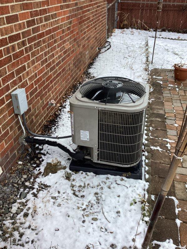 Completed estimate for complete HVAC system replacement including new outdoor condenser unit and indoor air handler/furnace. Current system shows standard installation on concrete pad adjacent to brick exterior with proper electrical and refrigerant line connections. Basement utility room assessment revealed existing ductwork that will be utilized for the new installation. Recommended replacement will improve system efficiency and reliability.