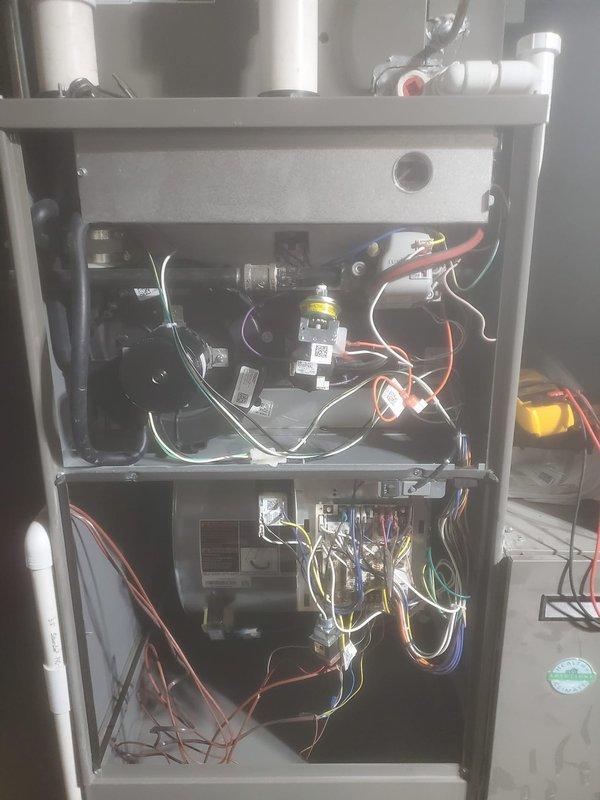 Performed scheduled maintenance on Lennox HVAC system. Inspected furnace components including control board, electrical connections, blower motor assembly, and ventilation pipes. System functioning properly with no issues detected; all components in good working condition.