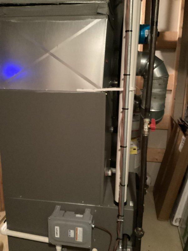 Completed inspection of existing furnace system and confirmed heat exchanger failure as noted by previous technician (Bryan). Documentation and photographic evidence collected of the installed unit, including main furnace assembly, electrical connections, PVC venting, condensate lines, and ductwork. Recommendation provided for complete system replacement due to compromised heat exchanger integrity.