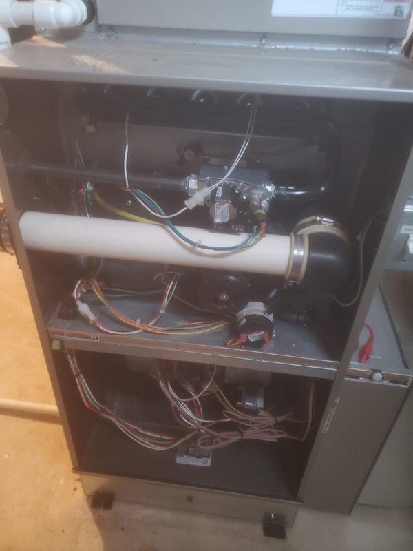 Completed scheduled maintenance on Bryant furnace system. Performed comprehensive inspection of internal components including control boards, wiring connections, and PVC ventilation system. All systems functioning properly with no issues detected; unit left in optimal operating condition.