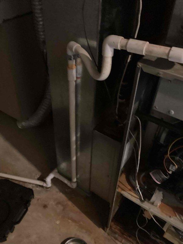 Completed inspection of existing HVAC system in utility area, documenting current installation with condensate drainage system, PVC piping configuration, and air handler/furnace unit. Prepared replacement estimate options (quotes 03795-01, 03795-02, 03795-03) for customer review, with installation timeline estimated at 4-5 hours.