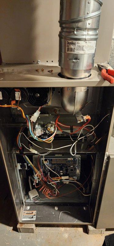 Performed comprehensive maintenance on two furnace systems. Inspected interior components including circuit boards, electrical connections, and wire harnesses for proper function. Examined ductwork connections and ventilation components, ensuring proper installation and operation of both heating units.