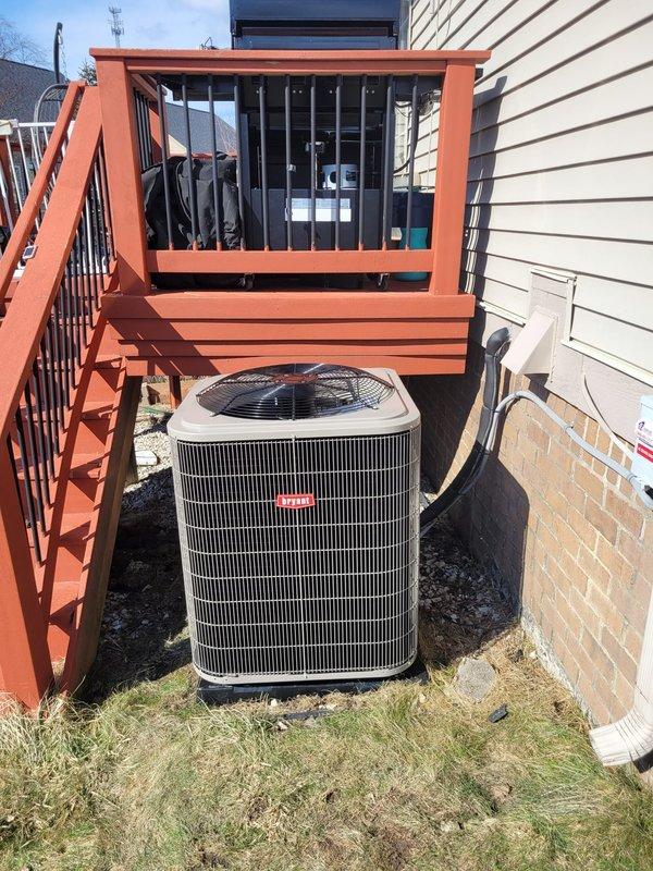 Successfully installed a complete Bryant HVAC system including furnace, air conditioner, and humidifier at residential property. Implemented Add-A-Wire solution to ensure compatibility with customer's Nest thermostat. Properly positioned outdoor condenser unit on concrete pad beneath deck with appropriate clearances for optimal airflow and performance.