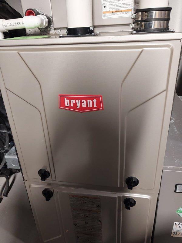 Performed routine maintenance on Bryant furnace per Worry Free Service Agreement. Inspected interior components including blower motor, gas valve assembly, heat exchanger, and electrical connections. All systems functioning properly with no issues identified.