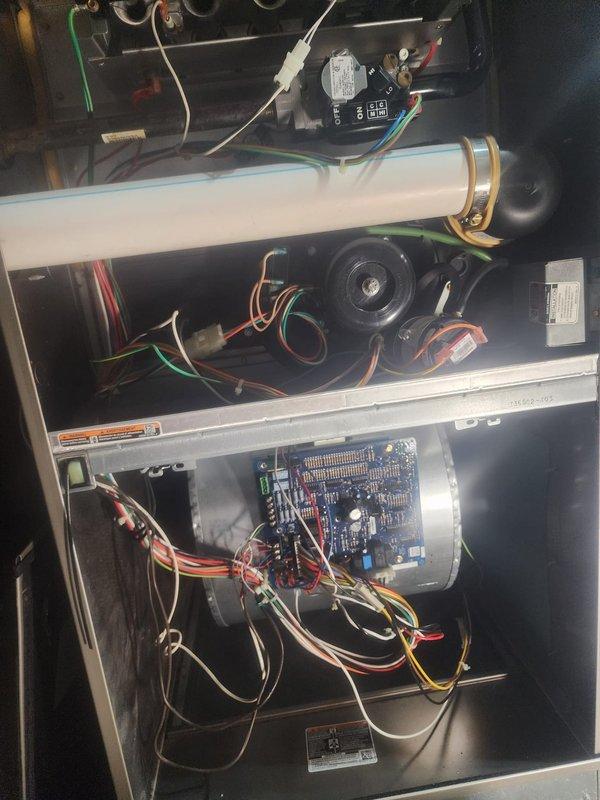 Performed annual heating maintenance on 2018 Bryant furnace system as part of Worry Free Service Agreement. Inspected and cleaned interior components including blower motor assembly, circuit board connections, and PVC venting system. All components functioning properly with no issues noted.