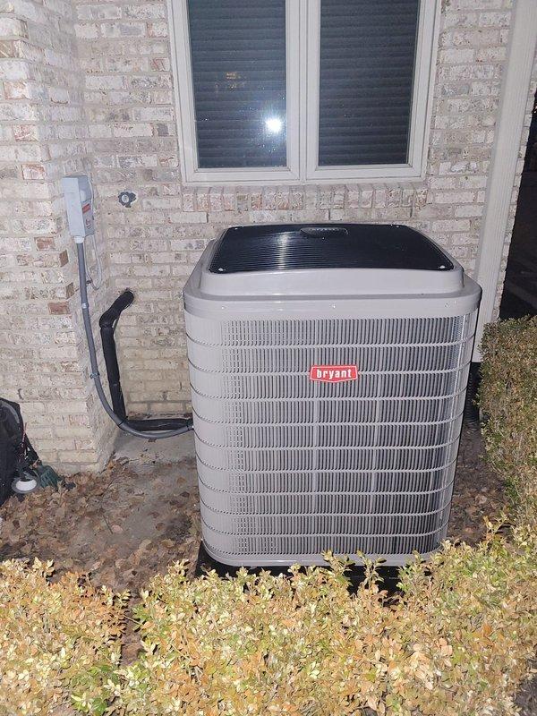 Completed installation of a new Bryant HVAC system, including furnace, air conditioning unit with Puron refrigerant, humidifier, and Connex thermostat. Mounted outdoor condenser unit on proper foundation with appropriate clearance, connected refrigerant lines, and installed electrical disconnect. Additionally installed fan assembly for existing boiler and verified all components are functioning correctly with proper airflow and system communication.