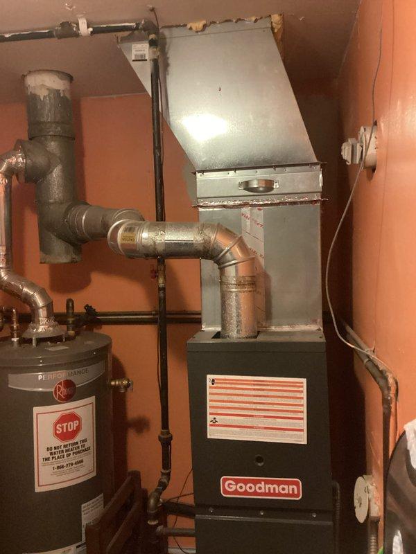 Conducted comprehensive HVAC system evaluation for potential replacement of existing Goodman furnace unit and Performance water heater. Assessment included examination of current ductwork configuration, ventilation system, and plumbing connections. Noted condensation issues on water heater piping and documented current system specifications to prepare quote for complete HVAC system replacement, water heater replacement, and optional water softener installation.