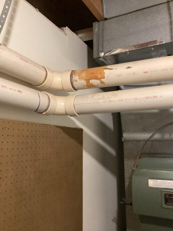 Provided inspection and estimate for replacement of aging HVAC systems, including an 8-year-old furnace and 18-year-old A/C unit. Recommended upgrade to a 2-stage 120MBH furnace and variable speed 4-ton A/C condenser to replace current equipment that is operational but approaching end of useful life. Observed PVC pipe deterioration with significant discoloration and degradation at connection points requiring attention during system replacement.