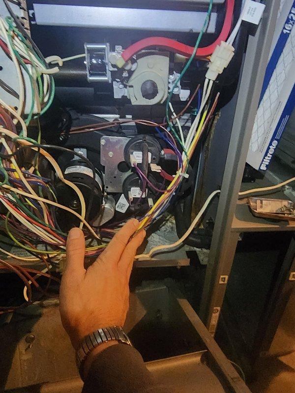 Performed comprehensive furnace maintenance on Lennox heating system per promotional rebate program. Inspected and verified proper wiring connections at control board, ensuring all colored wires (yellow, red, green, blue, orange, white, and brown) were securely fastened and in good condition. System operations tested normal with proper exhaust venting through PVC flue pipe.