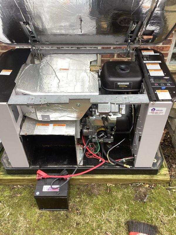 Completed scheduled maintenance on residential generator unit, including removal and inspection of spark plugs and thorough examination of Vanguard engine components. Service included battery system check with verification of proper cable connections to ensure reliable backup power functionality during outages.