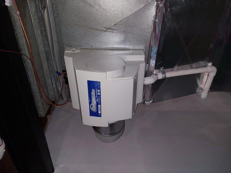 Diagnosed and repaired a leaking whole-house humidifier mounted to the air duct system. Inspected adjacent water heater installation and associated copper plumbing connections to identify the source of the leak. Documented repair with photos of the completed installation showing proper mounting and connections.