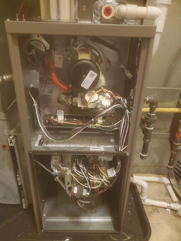 Completed scheduled maintenance on Lennox residential furnace system. Performed comprehensive inspection of all mechanical and electrical components, including blower motor assembly, gas valve connections, electrical wiring bundles, and control systems. Verified proper operation of all safety controls, checked condensate drainage system and PVC venting connections, and confirmed gas line shut-off valve accessibility and yellow CSST gas piping integrity. Unit found to be in good operational condition with all systems functioning within normal parameters.