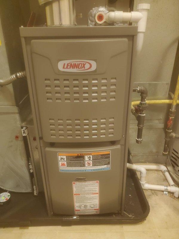Completed scheduled maintenance on Lennox residential furnace system. Performed comprehensive inspection of all mechanical and electrical components, including blower motor assembly, gas valve connections, electrical wiring bundles, and control systems. Verified proper operation of all safety controls, checked condensate drainage system and PVC venting connections, and confirmed gas line shut-off valve accessibility and yellow CSST gas piping integrity. Unit found to be in good operational condition with all systems functioning within normal parameters.
