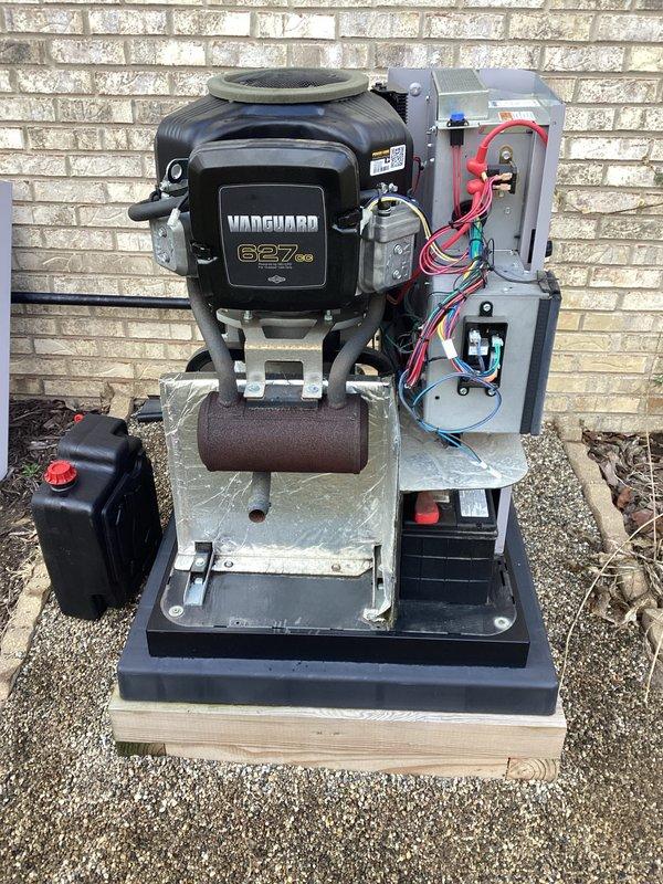 Performed scheduled preventive maintenance on residential standby generator equipped with Vanguard 627cc engine. Conducted comprehensive visual inspection of all major components including engine assembly, fuel system, exhaust components, electrical control panel, and mounting hardware. Verified proper installation on concrete pad with adequate clearance from structure. Inspected wiring connections in junction box, confirming all electrical terminations secure. Examined inspection window/sight glass for proper seal and visibility. Documented equipment condition through photographic records showing generator in good operational state with no visible signs of deterioration, fluid leaks, or component damage. All systems found to be functioning within normal parameters.