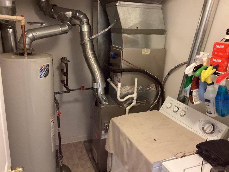 Installed new Bryant 80% efficiency furnace in residential basement utility room. Reused existing safety pan and installed new wet switch per sales specifications, ensuring proper drainage protection and system safety compliance. All gas connections, PVC condensate lines, and flexible ductwork were properly configured and secured, with system tested and verified operational.
