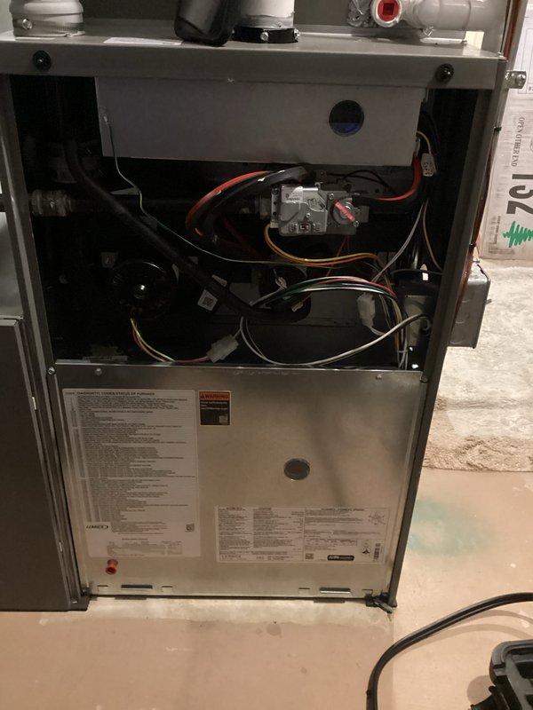 Completed scheduled prepaid maintenance on Lennox furnace system. Performed comprehensive inspection of all internal components including blower assembly, heat exchanger, electrical connections, and gas valve operations. Verified proper function of PVC venting system, checked all wire connections for secure termination, and confirmed unit specifications against manufacturer label. System operating within normal parameters with no issues identified during inspection.