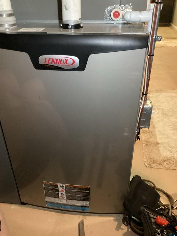 Completed scheduled prepaid maintenance on Lennox furnace system. Performed comprehensive inspection of all internal components including blower assembly, heat exchanger, electrical connections, and gas valve operations. Verified proper function of PVC venting system, checked all wire connections for secure termination, and confirmed unit specifications against manufacturer label. System operating within normal parameters with no issues identified during inspection.